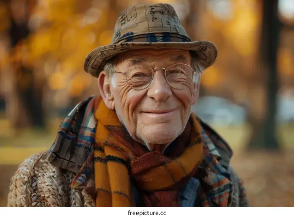 Smiling Elderly Man Wearing Hat and Scarf in Autumn Park