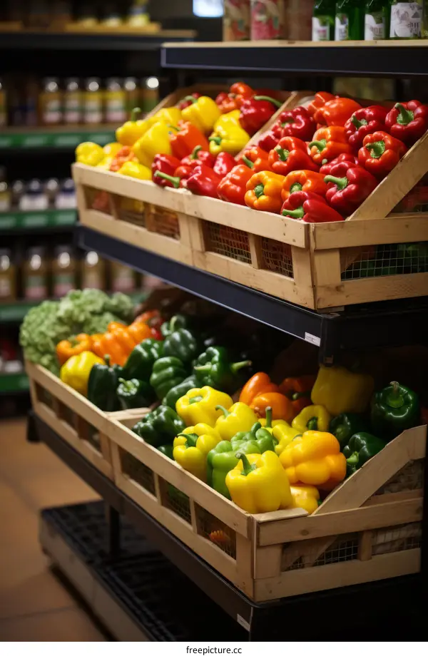 Fresh bell peppers in wooden crates on grocery store shelves