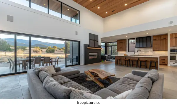 Modern house interior living room with fireplace and large windows