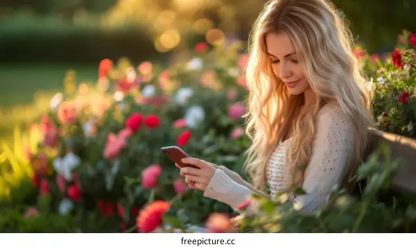 Young woman sitting on a bench in a garden of flowers using her smartphone