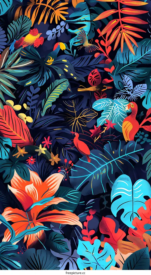 Tropical Jungle Pattern With Bright Colors And Birds