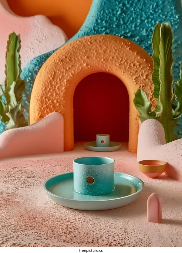 Colorful Abstract Background with Ceramic Cups and Plates