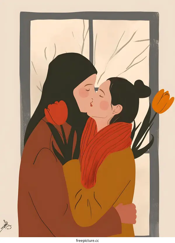 Two Women Kissing By Window With Tulips