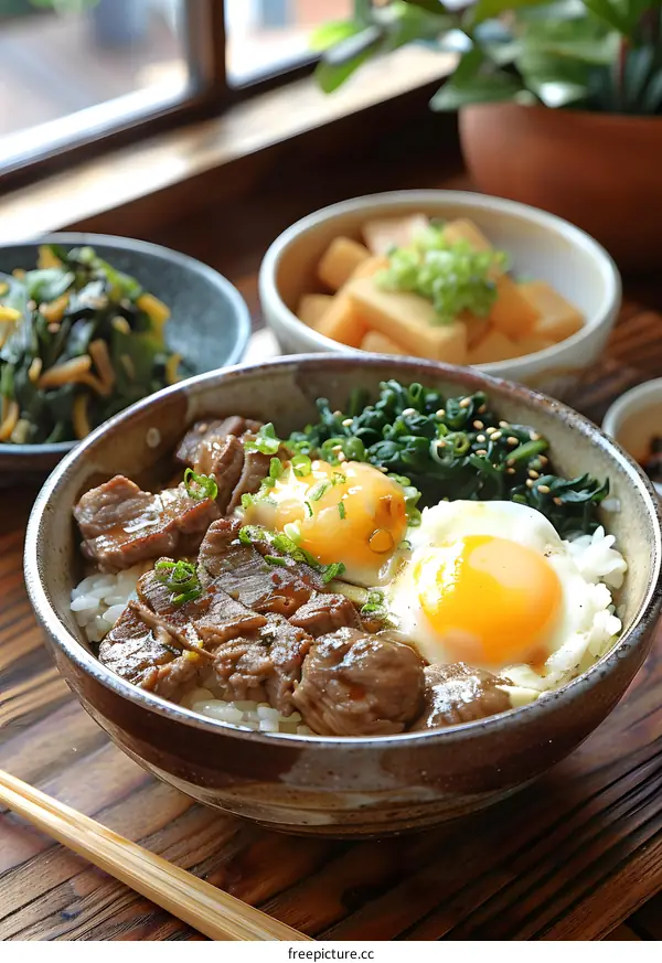 A delicious Japanese dish with beef, egg and rice.