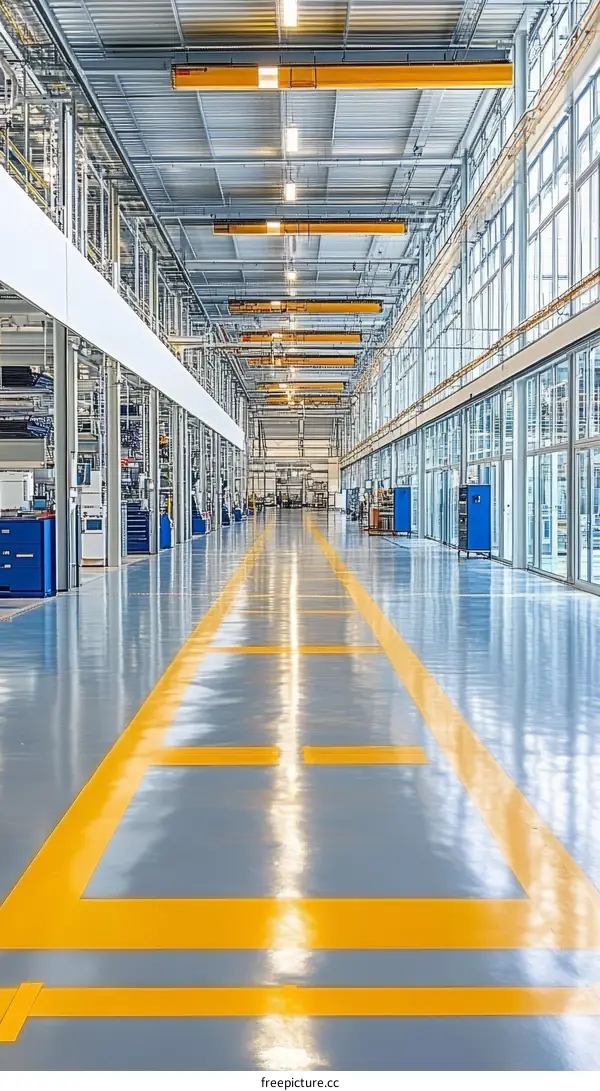 Modern Industrial Warehouse Interior with Yellow Floor Markings