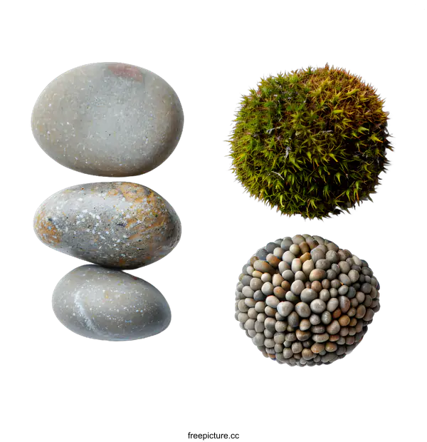[Transparent Background PNG]Pebbles, Moss and Small Stones in an Arrangement on White Background
