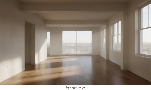 Bright and spacious empty room with large windows and wooden floor