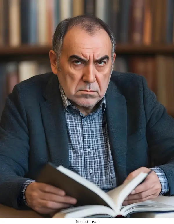 Serious Elderly Man Reading Book in Library