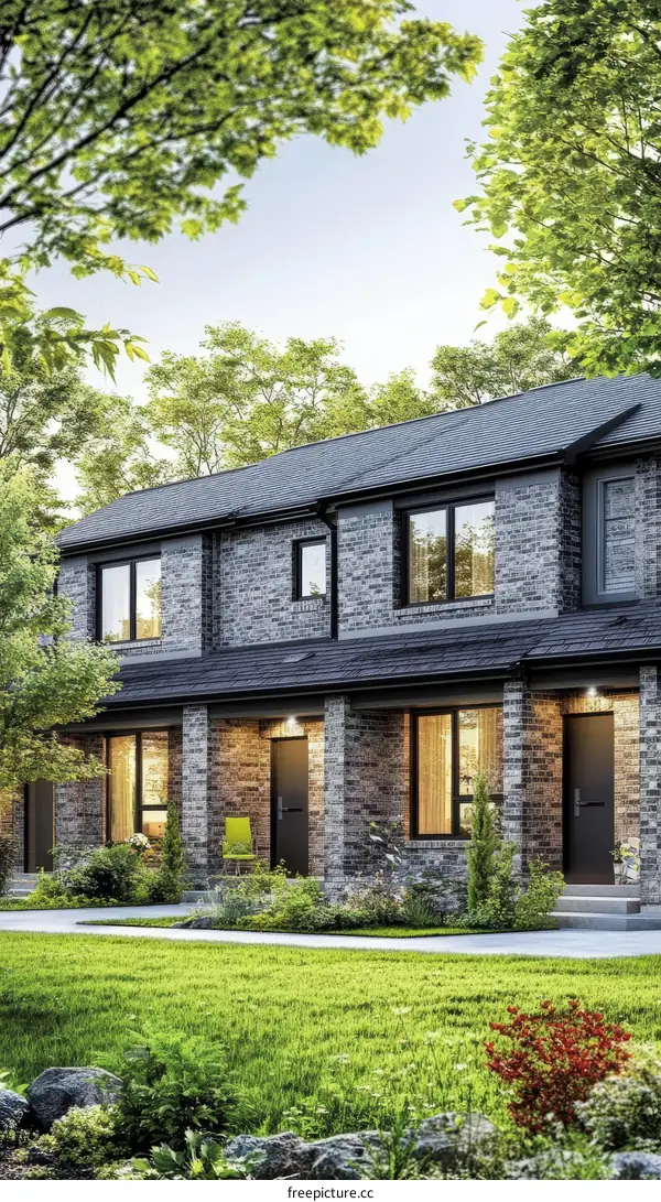 Modern Townhouse Facade with Lush Landscaping