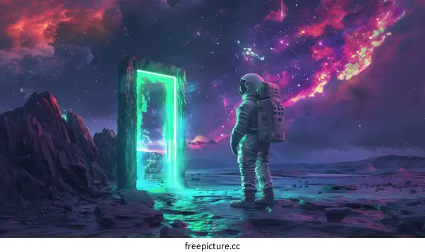 Astronaut in front of a portal to another dimension