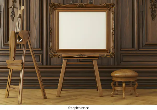 Wooden Easel with Blank Canvas and Ornate Frame in Vintage Interior