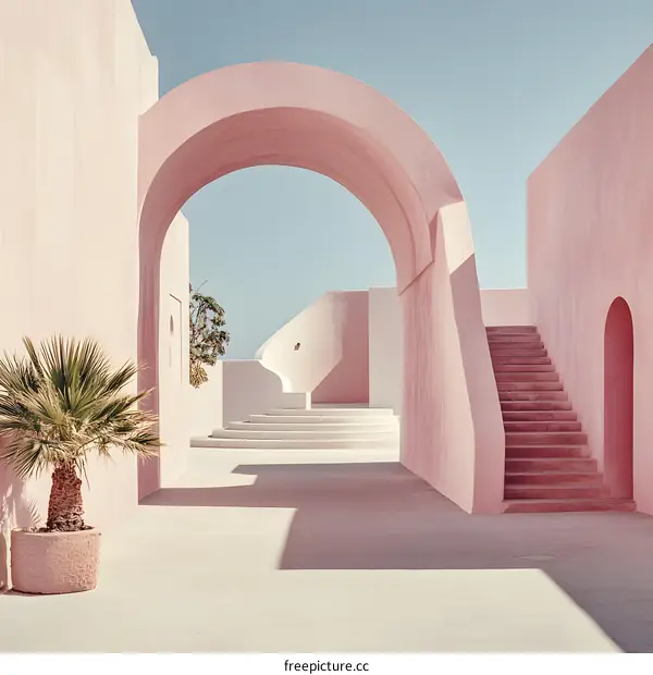 Minimalist Pink Architecture With Archway And Steps
