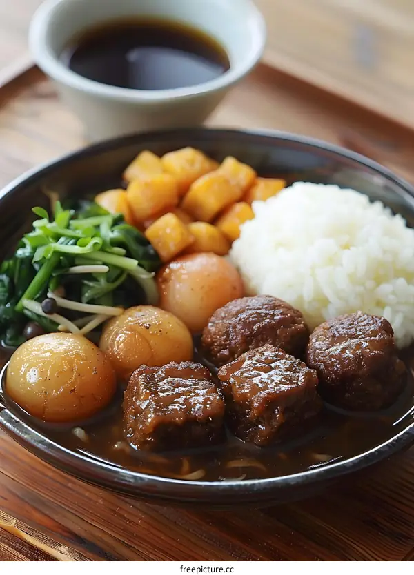 A delicious bowl of Japanese beef stew with rice and vegetables.
