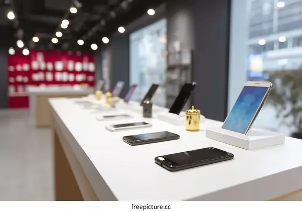 Mobile Phones Displayed on a Counter in a Retail Store