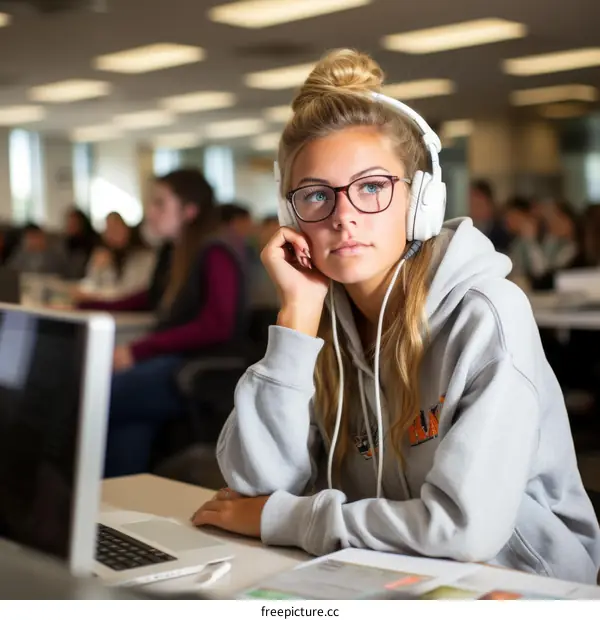Young woman with blonde hair and glasses using laptop and wearing headphones in library