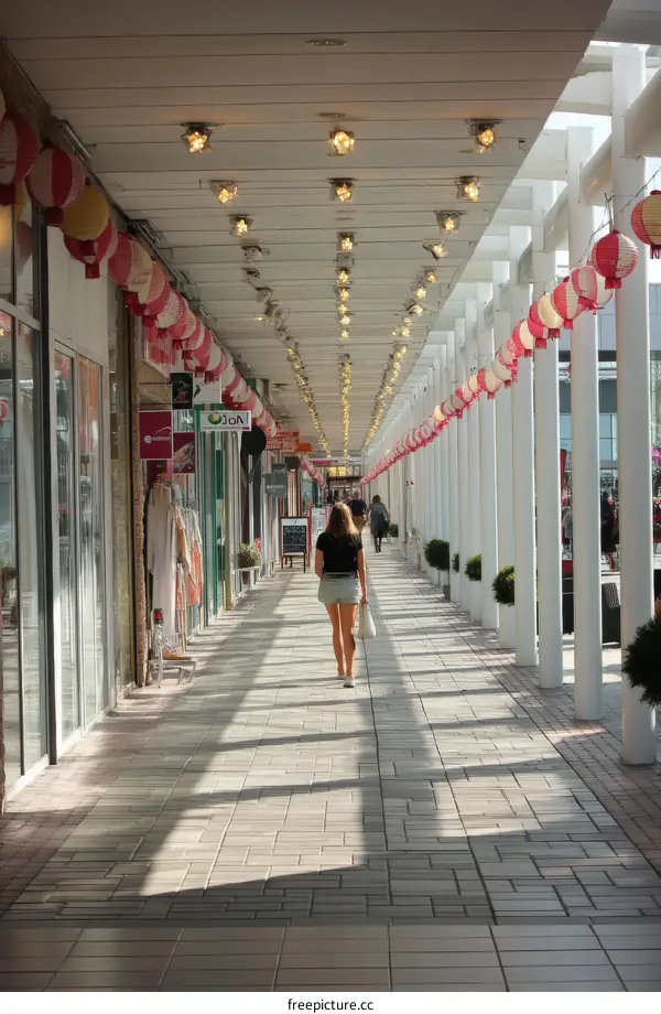 Covered Shopping Arcade with Pedestrian and Paper Lanterns