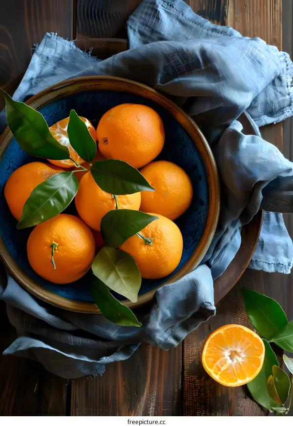 Fresh Oranges in a Blue Bowl with Green Leaves