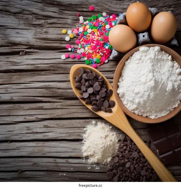 Top view of ingredients for baking on a wooden table