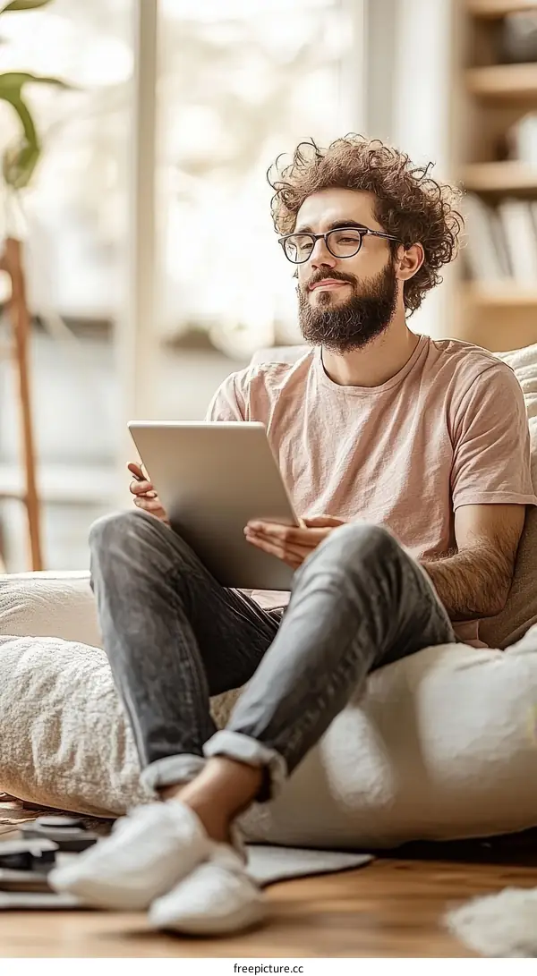 Young Man Relaxing with Tablet at Home
