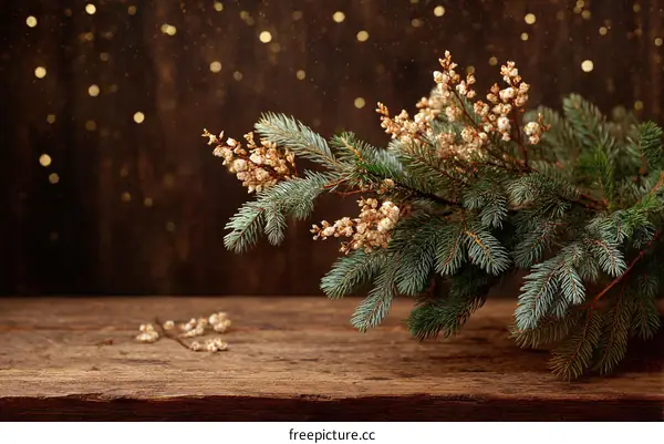 Rustic Christmas Fir Branches Arrangement on Wooden Tabletop