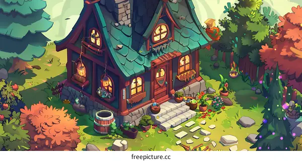 Cute Cartoon Illustration of a House in a Forest