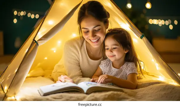 Mother and Daughter Reading Cozy Tent Story Time