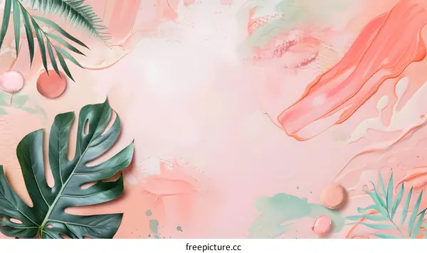 Pink and Green Abstract Background with Tropical Leaves