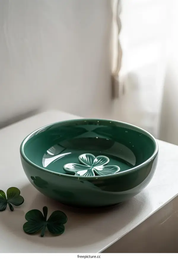 Minimalist Kitchenware: Green Ceramic Dish with Clover-Shaped Soap