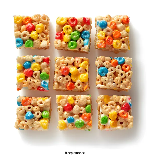 Nine Colorful Cereal Treats on White Background