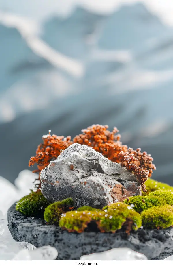 Closeup of Mossy Rock and Ice with Blurred Mountain Background