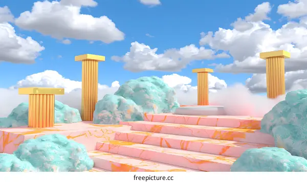 Abstract 3D Rendered  Scene with Golden Pillars and Marble Staircase