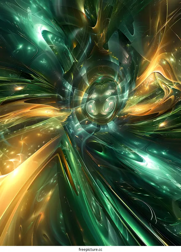 Abstract Green And Gold Swirling Fractal Art