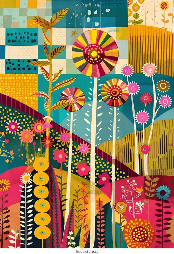 Abstract Garden with Geometric Shapes and Vibrant Colors