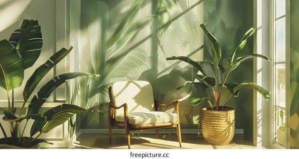 Tropical Leaves Room Interior Design With Chair And Sunlight