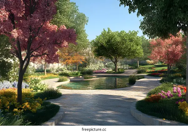 Scenic Garden Pathway with Pond and Blooming Flowers