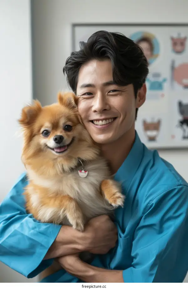 Asian veterinarian smiling with a small dog in his arms