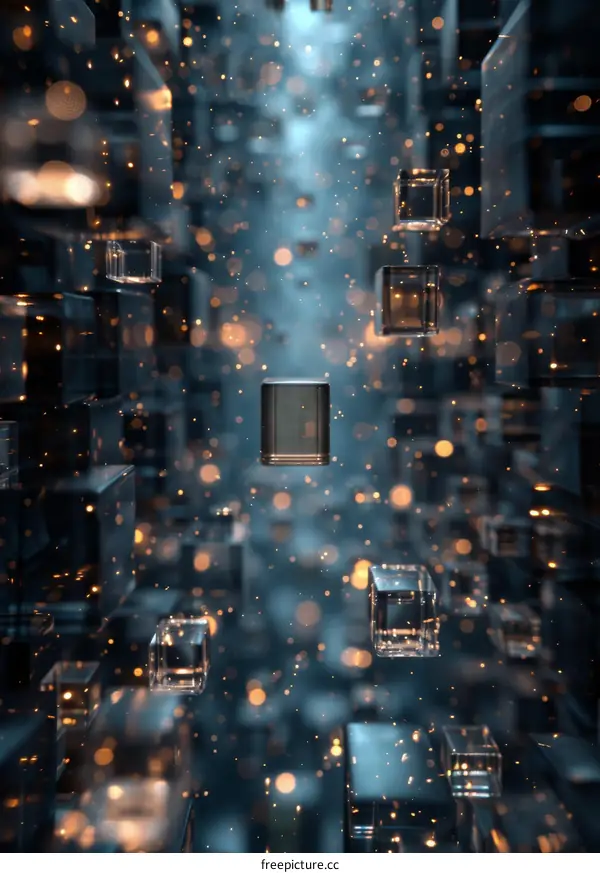 Abstract 3D rendering of a glowing blue and black geometric structure with floating cubes and particles