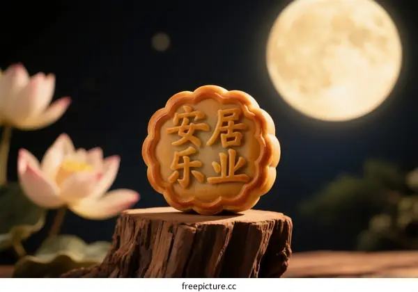 Mooncake with 'Peace and Prosperity' Chinese characters under full moon