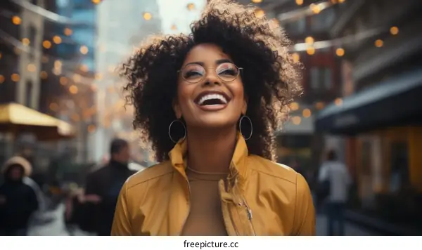Laughing woman wearing yellow jacket and glasses
