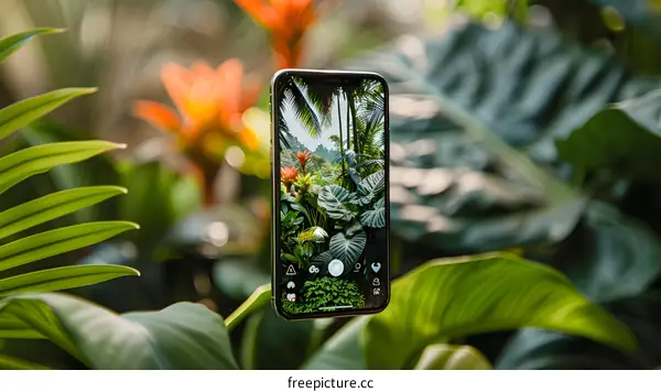Green Leaves and a Smartphone Displaying a Garden Scene