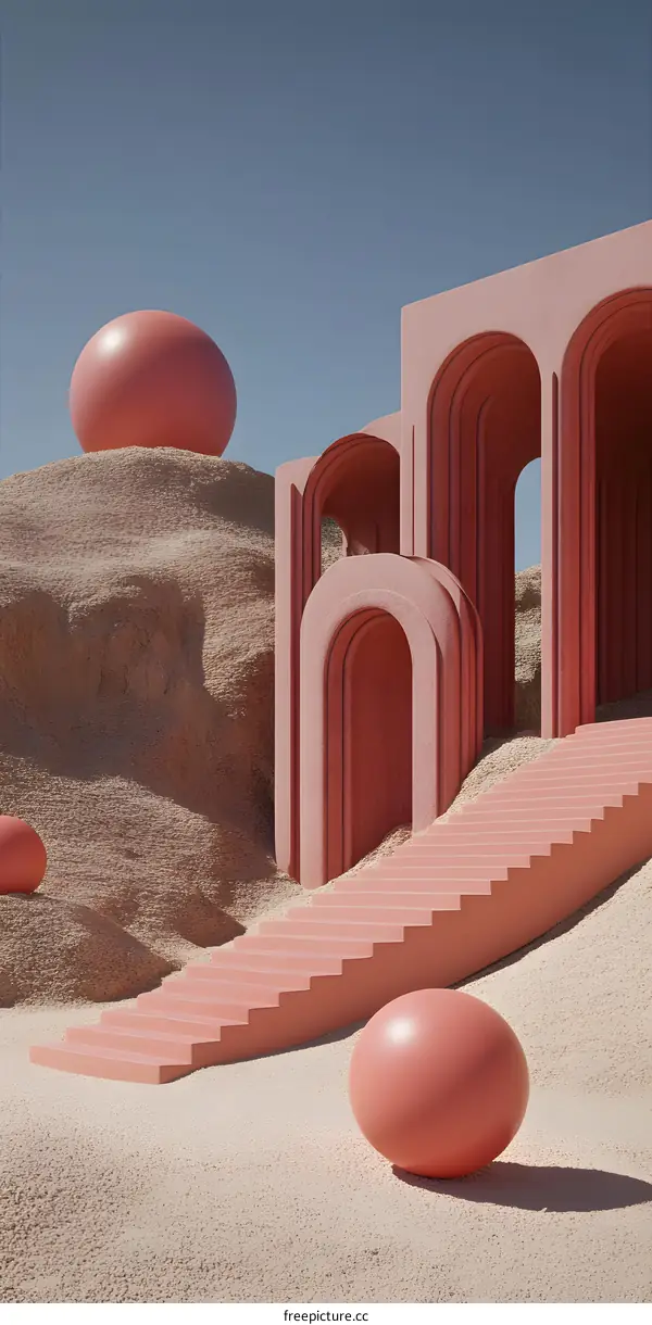 Abstract Architectural Design With Pink Spheres and Arches