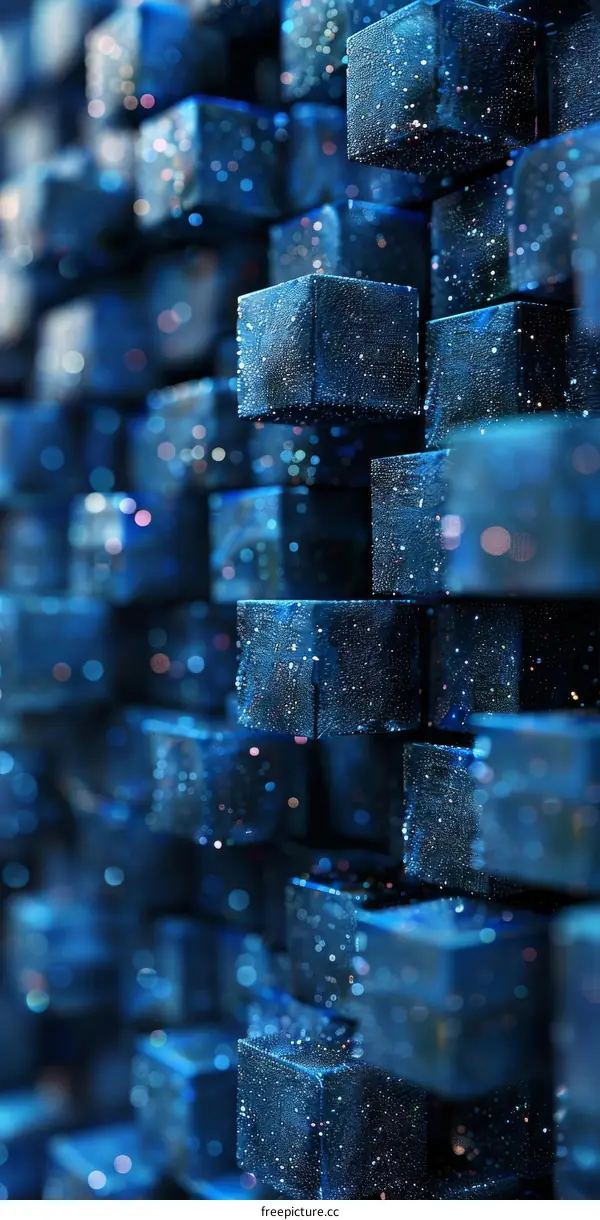 Blue abstract 3D rendering of cubes with glitter texture