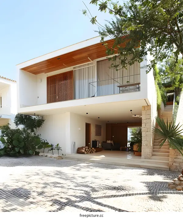 Modern White House With Wooden Details And Stone Exterior