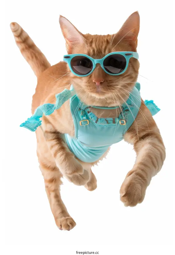 Cat wearing blue swimsuit and sunglasses
