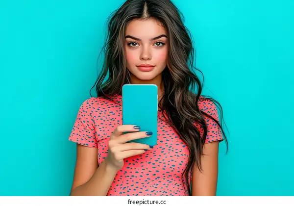 Woman Holding Smartphone Against Teal Background