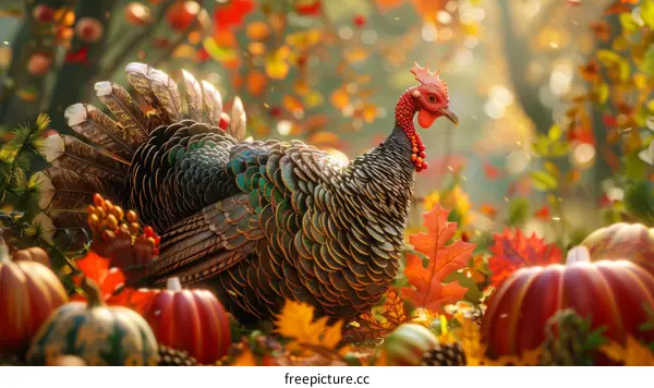 A majestic turkey stands proudly in a field of pumpkins and fall leaves.