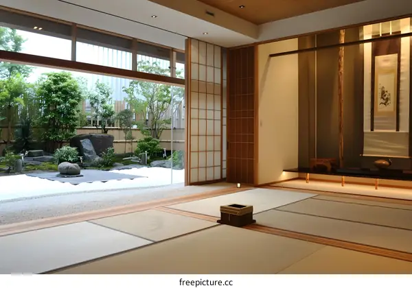 Japanese Style Room With Sliding Doors And View Of Zen Garden
