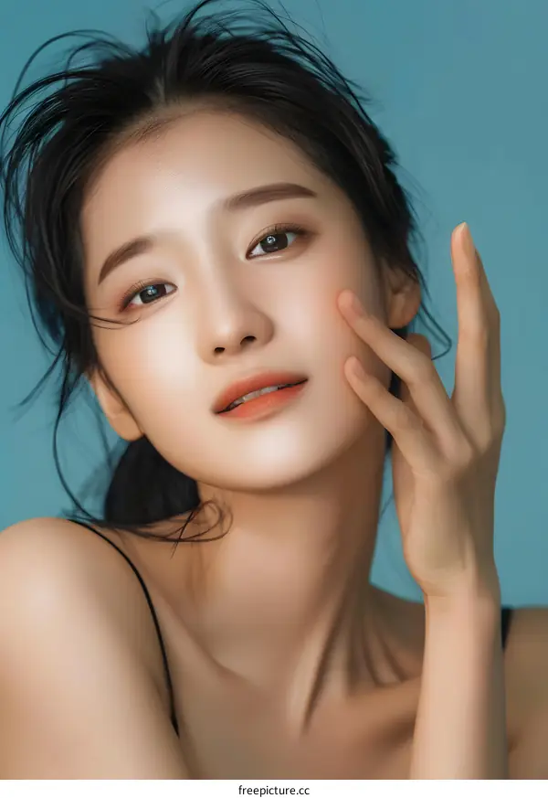 Beautiful Asian Woman With Makeup Touching Her Face