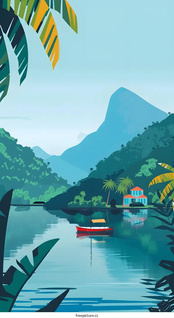 Tropical Landscape with Boat and Mountains Illustration