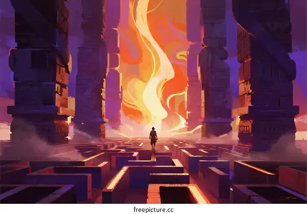 A lone figure stands amid ancient columns and a glowing, volcanic maze